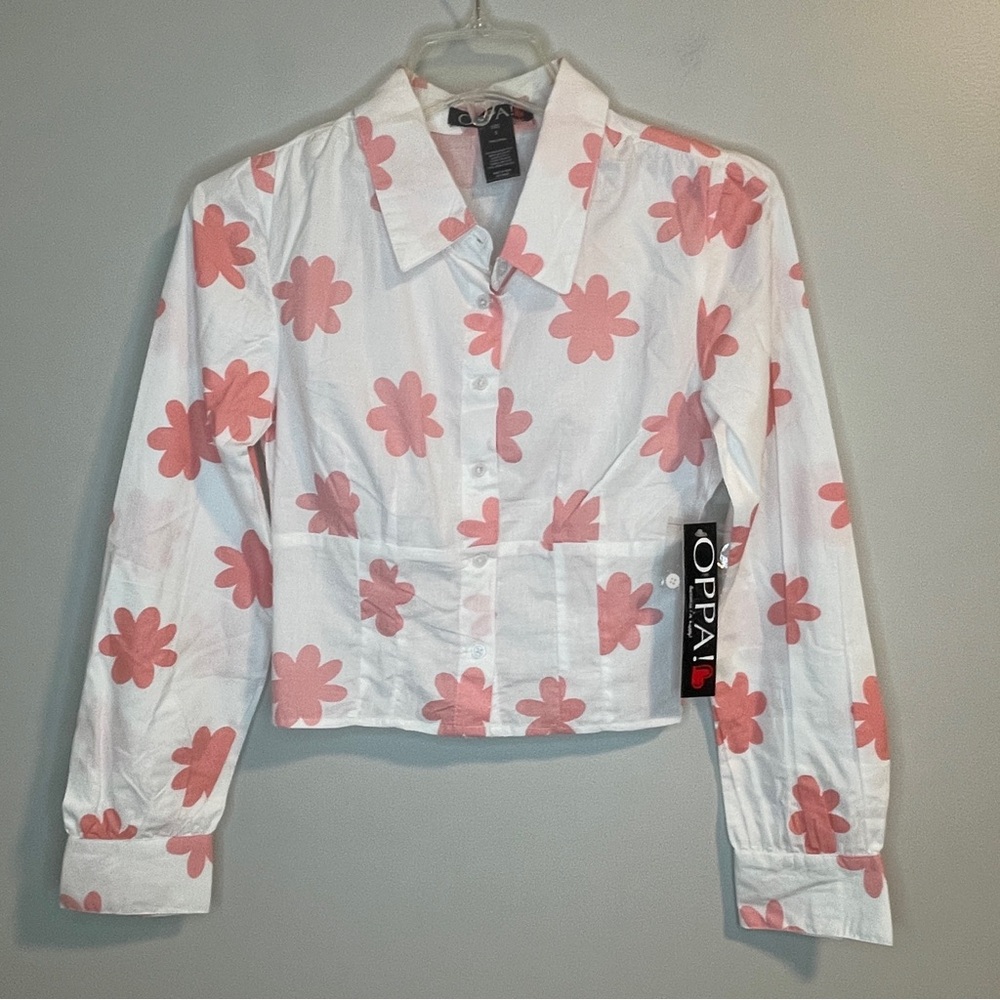 White and Pink Floral Women's Blouse